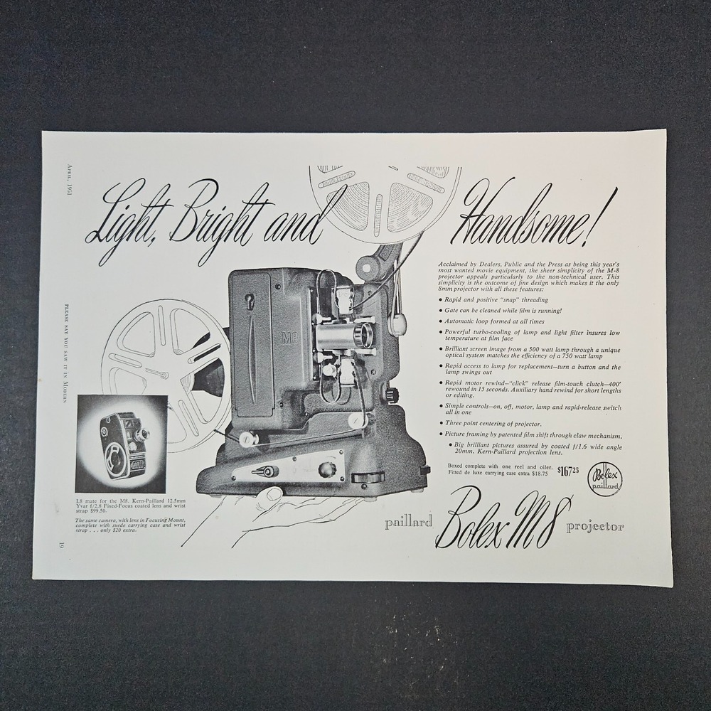 1951 Kern-Paillard L8 M8 Bolex Projector‎ Vintage Print Ad Reel Movie Camera